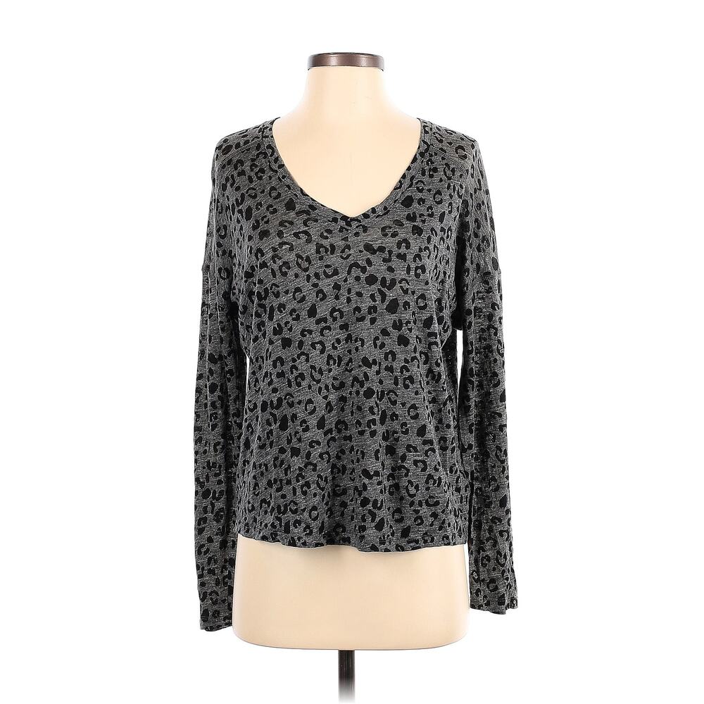 Rails Womens Linen Top Small Sami Charcoal Leopard‎ Cheetah Gray Long Sleeve